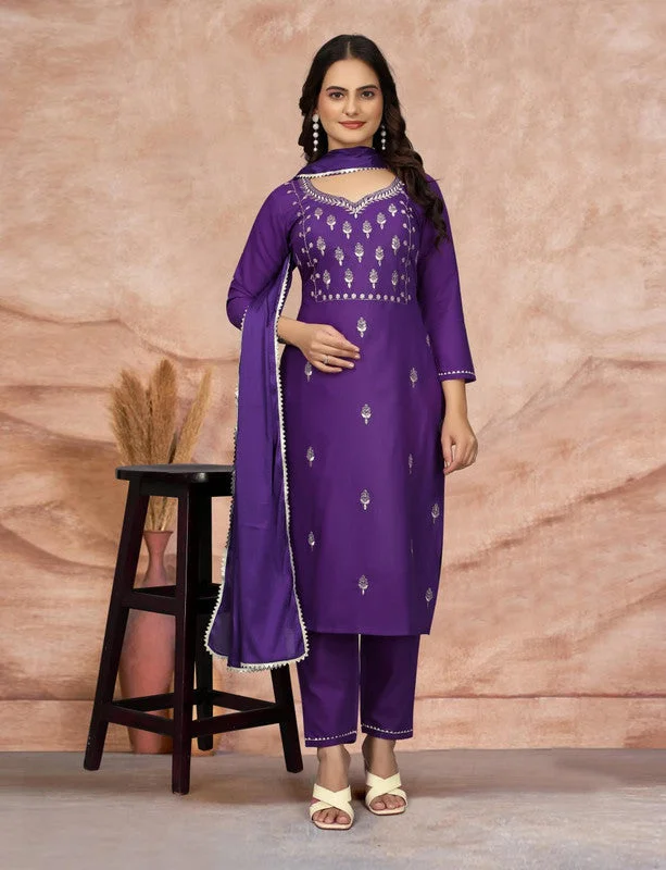 Women's Embroidered Cotton Blend Kurti With Pant & Dupatta Set - Malishka Export Cozy Fitted Pants