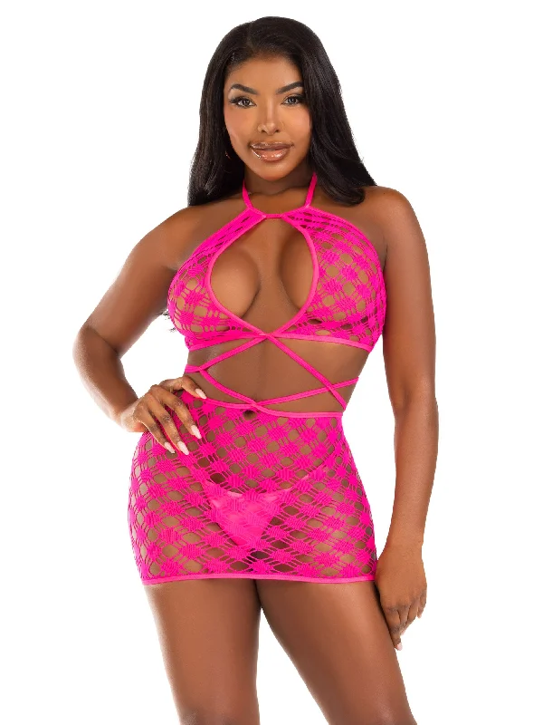 Keyhole Halter Hardcore Ney Mini Dress in Neon Pink Fashionable Mini Dress with Slits