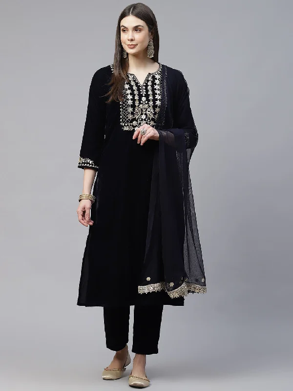 Women's Royal Blue Velvet Hand Work Kurta Pant With Net Dupatta Set - Wahenoor Elegant Silk Pants Women's Royal Blue Velvet Hand Work Kurta Pant With Net Dupatta Set - Wahenoor Elegant Silk Pants