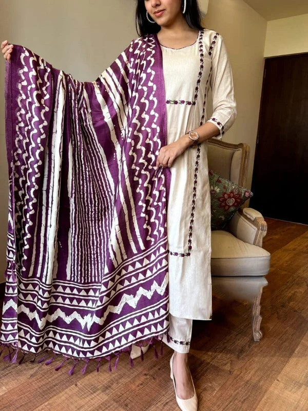 Women's Purple Pure Cotton Embroidery Kurta Pant Set With Dupatta - Malishka Export Fashionable Sporty Pants Women's Purple Pure Cotton Embroidery Kurta Pant Set With Dupatta - Malishka Export Fashionable Sporty Pants