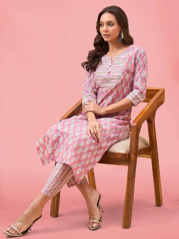 Women's Onion Pink Poly Cotton Kurti With Pant - Dwija Fashion Classic Straight-Leg Pants