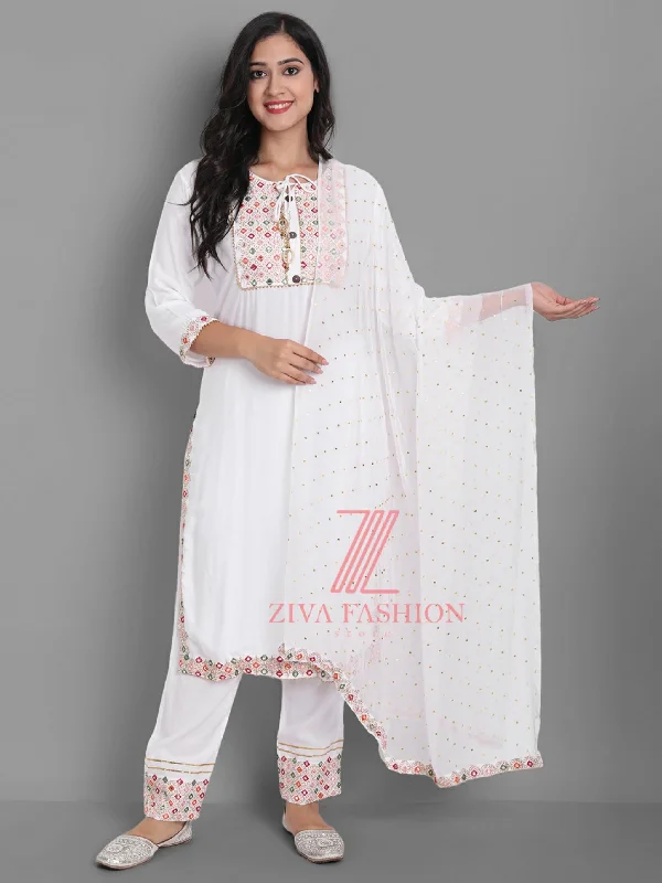 Women's White Color Kurta And Pant Set - Ziva Fashion Cozy Knit Pants