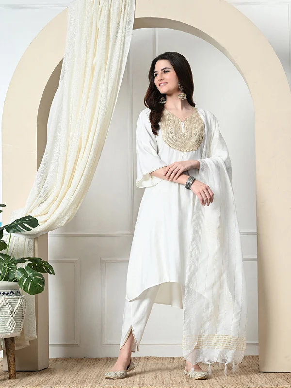 Women's White Viscose Silk Embroidered Kurta & Dhoti Pants With Dupatta Set - Myshka Relaxed Fit Trousers Women's White Viscose Silk Embroidered Kurta & Dhoti Pants With Dupatta Set - Myshka Relaxed Fit Trousers