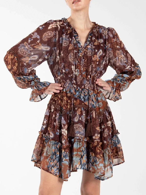 Miss Me MD1815L Womens Paisley Print Chiffon Peasant Mini Dress Brown Casual V-Neck Mini Dress