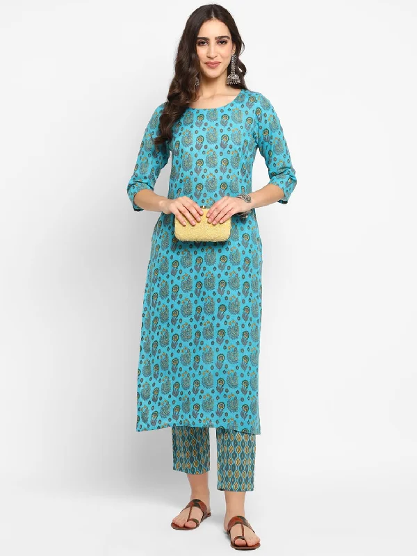 Women Blue Printed Kurta Pant Set - Rasiya Comfy Athletic Pants