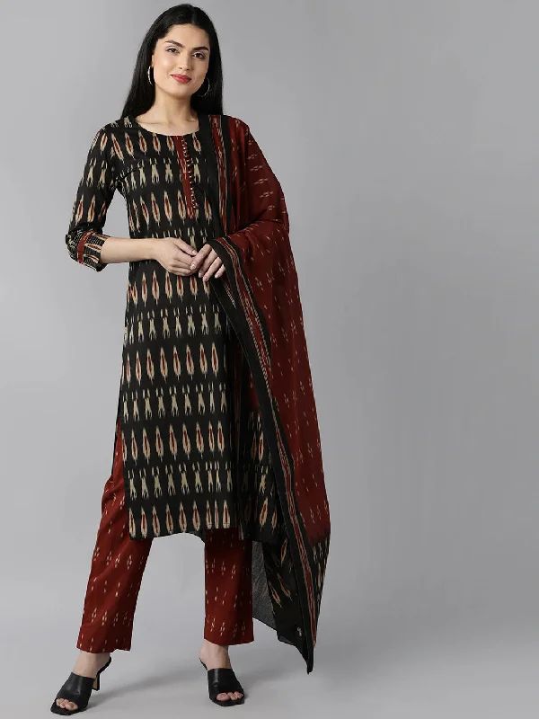 Women's Black Ethnic Motifs Printed Panelled Cotton Blend Kurta With Pants With Dupatta - Ahika Comfy Athletic Pants Women's Black Ethnic Motifs Printed Panelled Cotton Blend Kurta With Pants With Dupatta - Ahika Comfy Athletic Pants