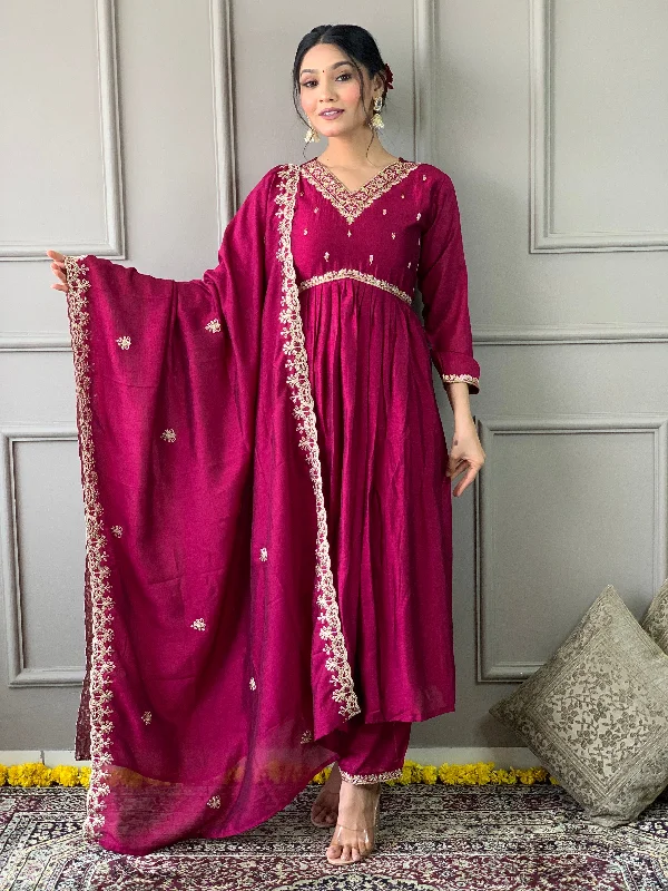 Women's Wine Vichitra Embroidery Worked Kurta With Pant And Duppata Set - Dwija Fashion Casual Sweatpants Style Women's Wine Vichitra Embroidery Worked Kurta With Pant And Duppata Set - Dwija Fashion Casual Sweatpants Style
