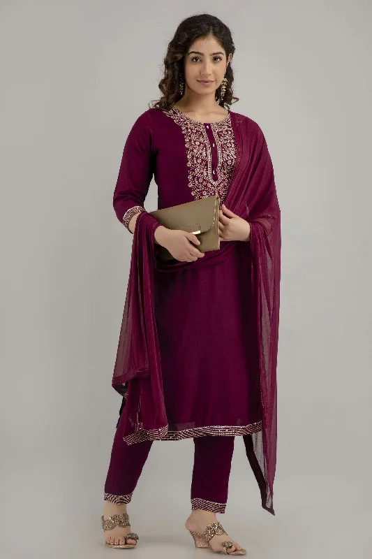Women's Embroidered Rayon Straight Kurta Pant Set (Voilet) - Charu Classic Straight Pants