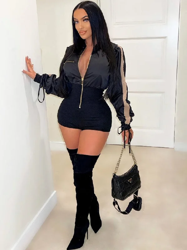 Patchwork Zip Up Bodycon Mini Dresses Casual Button-Up Mini Dress