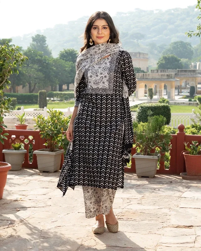 Women's Black Cotton Printed Kurta And Pant Set With Dupatta - Malishka Export Chic Wool Trousers Women's Black Cotton Printed Kurta And Pant Set With Dupatta - Malishka Export Chic Wool Trousers