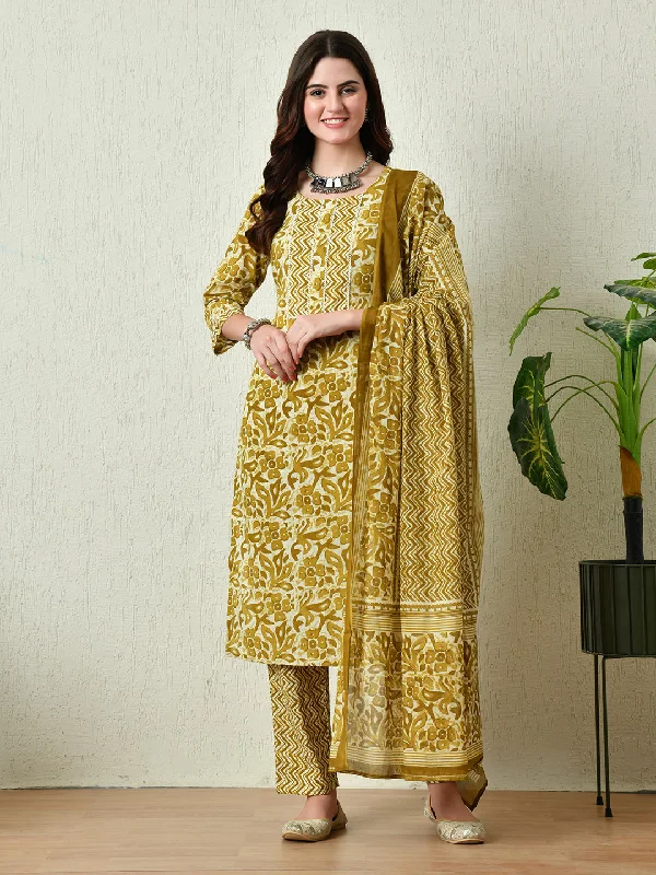 Mustard Printed Kurta Pant With Dupatta Set - Rasiya Comfy Zip-Up Pants