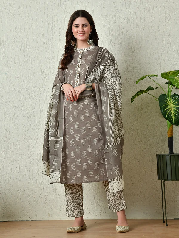 Grey Straight Kurta Pant With Dupatta Set - Rasiya Comfortable Denim Pants