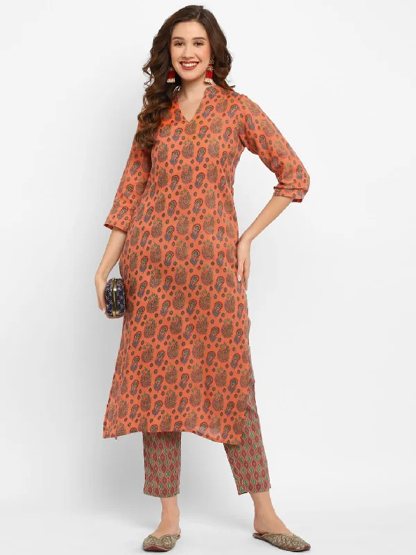 Women Orange Printed Kurta Pant Set - Rasiya Comfortable Cargo Pants