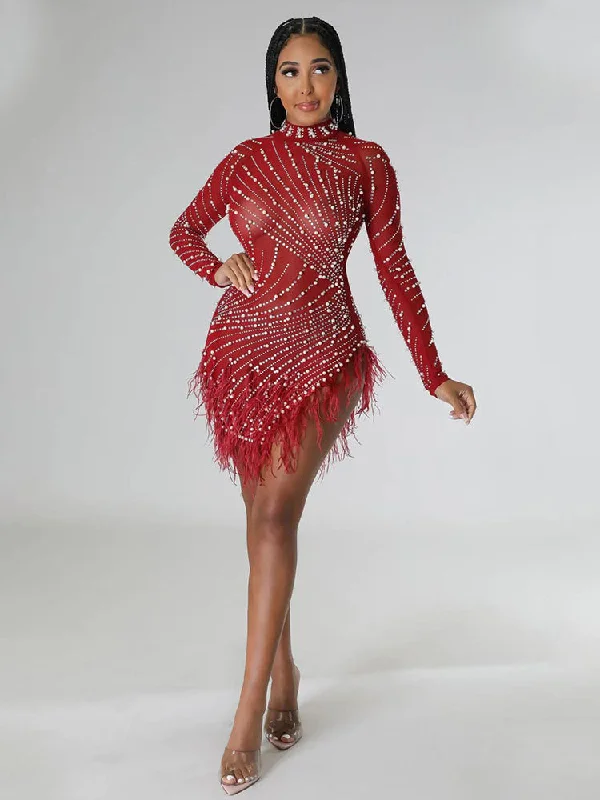 Mesh Rhinestone Tassel Bodycon Mini Dresses Fashionable Button-Front Mini Dress