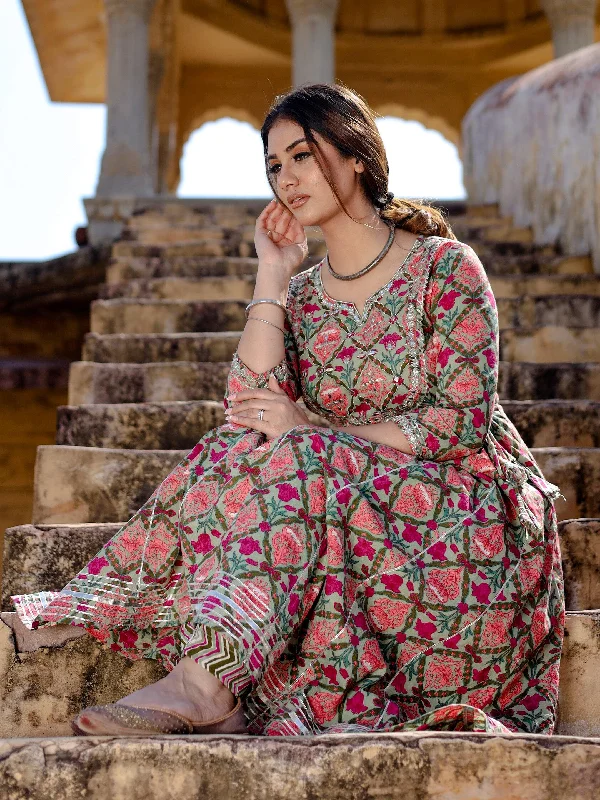 Women's Green Floral Printed Anarkali Kurta Pant Sets - Taantav Trendy Velvet Pants
