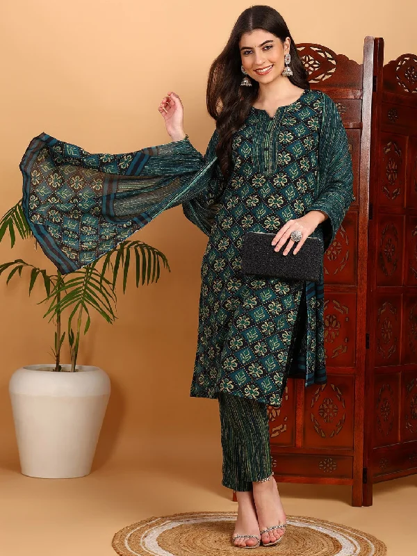 Women's Green Viscose Rayon Printed Straight Kurta Pant Set With Dupatta - Ahika Soft Sweatpants Style Women's Green Viscose Rayon Printed Straight Kurta Pant Set With Dupatta - Ahika Soft Sweatpants Style