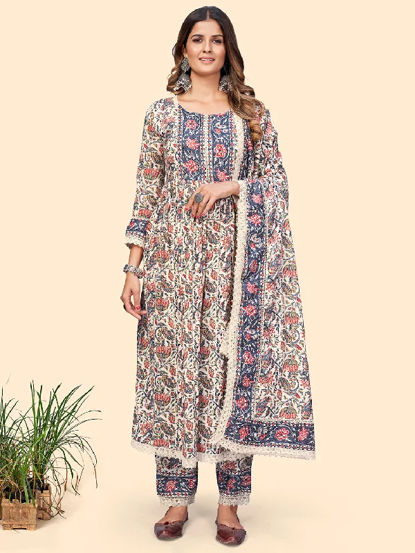 Women's Floral Print Straight Cotton Beige Stitched Kurta Pant With Dupatta - Vbuyz Comfortable Fleece Pants