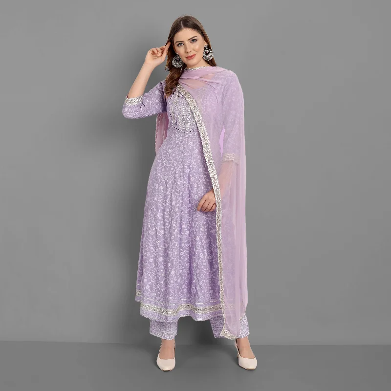 Women's Purple Rayon Printed Embroidered Kurta With Pant And Dupatta - Singni Relaxed High-Waist Trousers