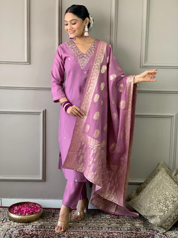 Women's Lavendar Embroidery Kurta With Pant And Duppata Set - Dwija Fashion Elegant Palazzo Trousers