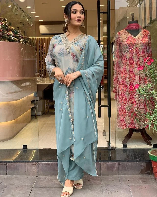 Women'S Party Wear Embroidery Worked Kurta With Pant And Duppata Set - Dwija Fashion Trendy Wide-Leg Pants Women'S Party Wear Embroidery Worked Kurta With Pant And Duppata Set - Dwija Fashion Trendy Wide-Leg Pants