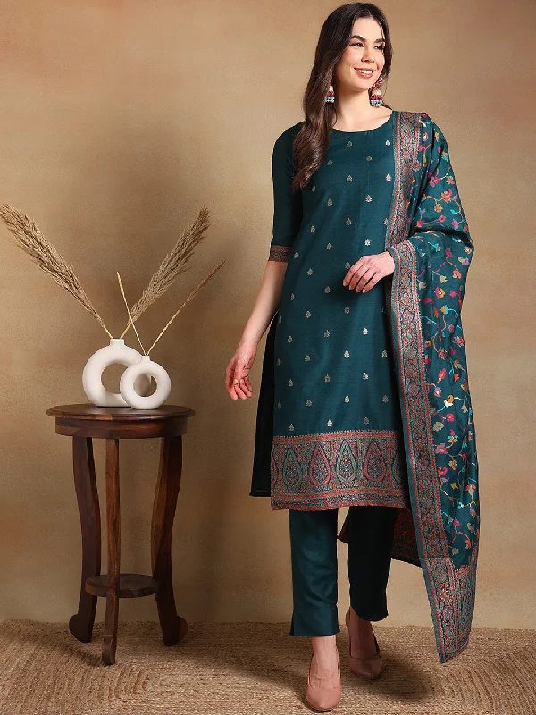Women's Teal Poly Chanderi Woven Design Straight Kurta Pant Set With Dupatta - Ahika Soft Stretch Leggings Women's Teal Poly Chanderi Woven Design Straight Kurta Pant Set With Dupatta - Ahika Soft Stretch Leggings