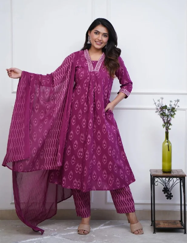 Women's Pink Anarkali Kurta And Pant Set With Dupatta - Alvami Comfortable Pleated Pants