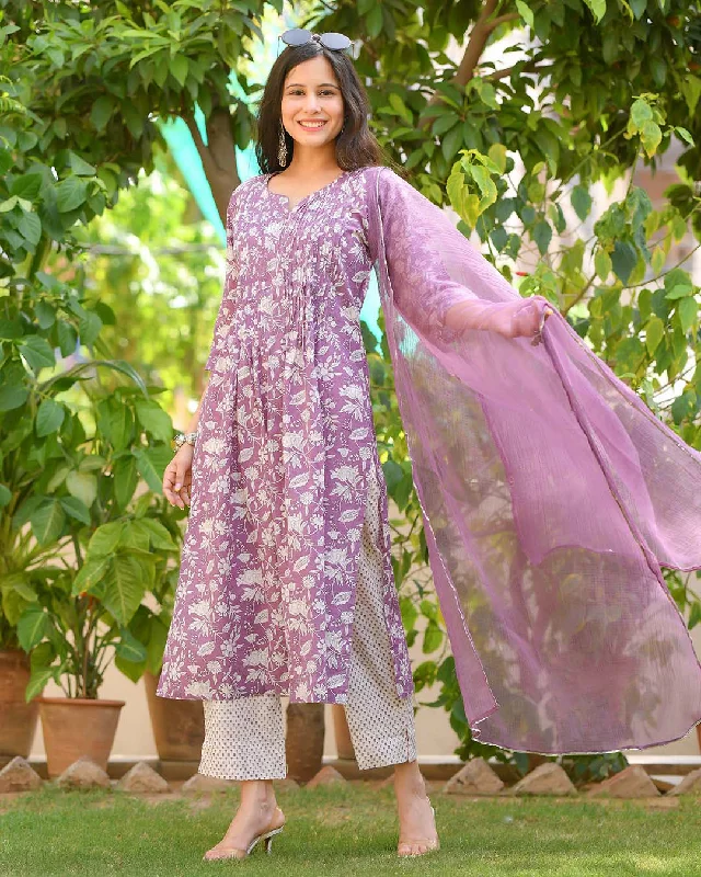 Women's Purple Cotton Kurta Pant Set With Dupatta - Malishka Export Stylish Slim Trousers Women's Purple Cotton Kurta Pant Set With Dupatta - Malishka Export Stylish Slim Trousers
