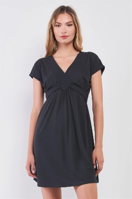 Dusty-navy V-neck Short Sleeve Front Rhombus Detail Back Tie Mini Dress Elegant Lace Mini Dress