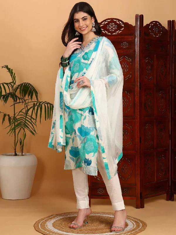 Women's White Cotton Blend Printed Straight Kurta Pant Set With Dupatta - Ahika Slim Fit Casual Pants Women's White Cotton Blend Printed Straight Kurta Pant Set With Dupatta - Ahika Slim Fit Casual Pants