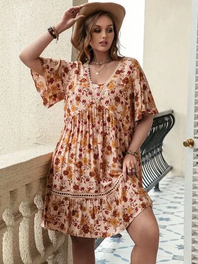 Plus Size Floral Crochet Flutter Sleeve Dress Boat Neckline Classic