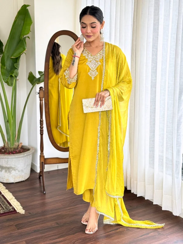 Women's Yellow Embroidery Kurta With Pant And Duppata Set - Dwija Fashion Formal Linen Trousers