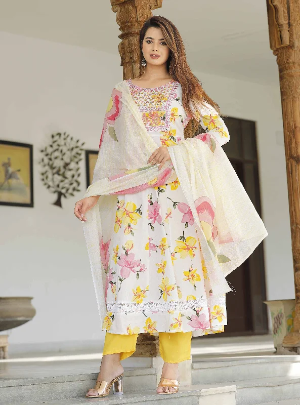 Women's Anarkali Rayon Printed Embroidered Kurta With Pant And Dupatta - Singni Trendy Tapered Pants