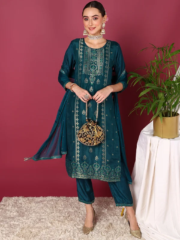 Women's Teal Silk Blend Woven Design Straight Kurta Pant Set With Dupatta - Ahika Casual Wide Pants Women's Teal Silk Blend Woven Design Straight Kurta Pant Set With Dupatta - Ahika Casual Wide Pants