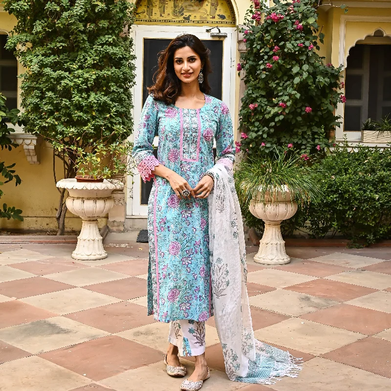 Women's Sky Blue Cotton Floral Printed Kurta Pant Set With Dupatta - Malishka Export Fashionable Jogger Pants Women's Sky Blue Cotton Floral Printed Kurta Pant Set With Dupatta - Malishka Export Fashionable Jogger Pants