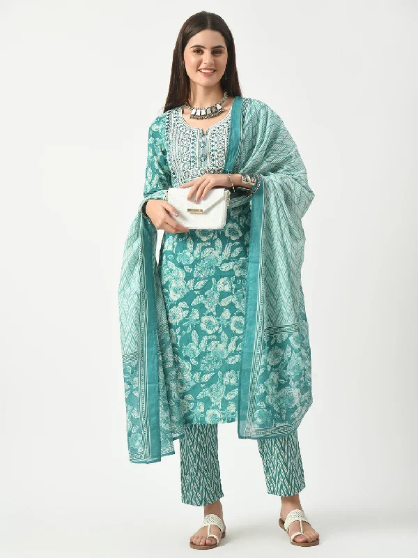 Blue Printed and Embroidered Kurta Pant With Dupatta Set - Rasiya Relaxed Casual Leggings