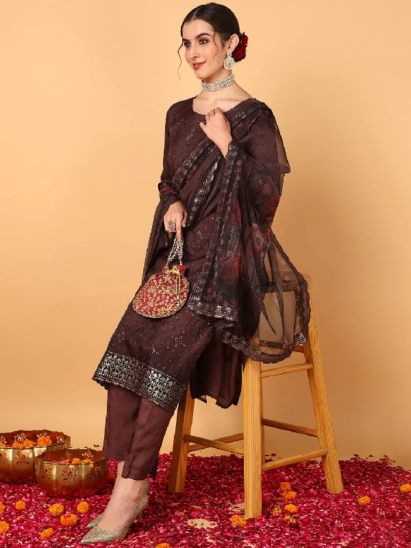 Women's Brown Organza Embroidered Straight Kurta Pant Set With Dupatta - Ahika Trendy Wide-Leg Pants Women's Brown Organza Embroidered Straight Kurta Pant Set With Dupatta - Ahika Trendy Wide-Leg Pants