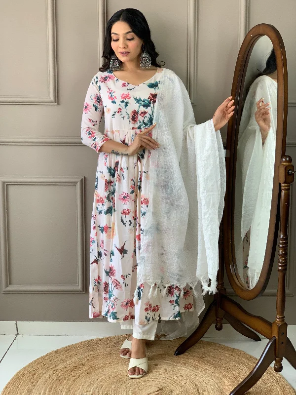 Women's Off White Cotton Printed Kurta With Pant And Duppata Set - Dwija Fashion Trendy Tapered Pants