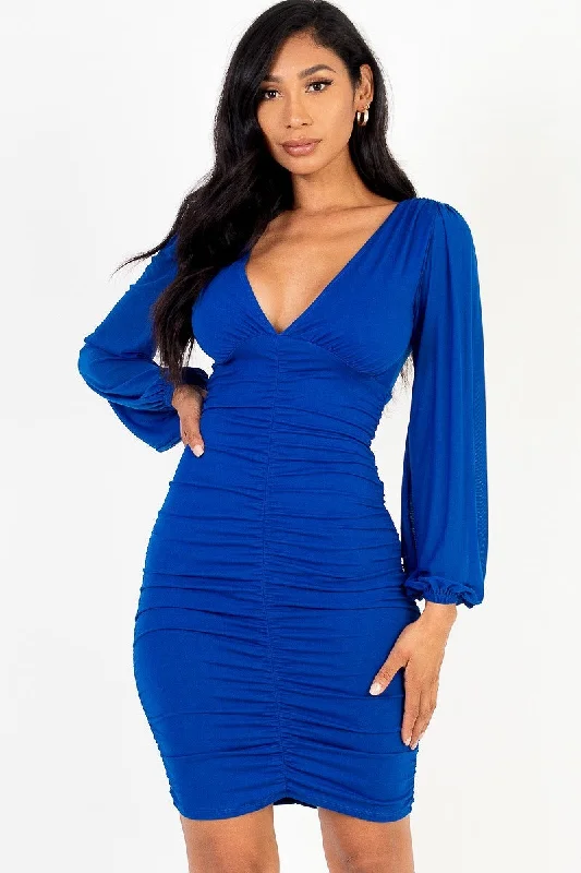 Ruched mesh long sleeve v-neck mini dress Trendy Cut-Out Mini Dress