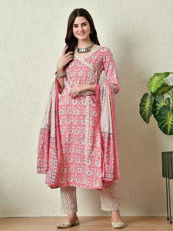 Women's Pink Printed Angrakha A line Kurta Pant With Dupatta Set - Rasiya Relaxed Fit Trousers