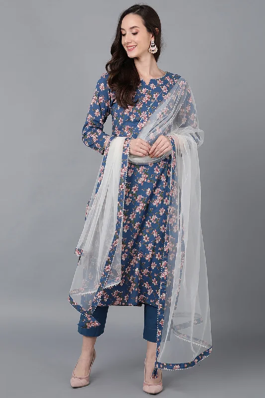 Women's Cotton Blend Floral Printed Kurta Pants With Dupatta - Ahika Cozy Full-Length Pants Women's Cotton Blend Floral Printed Kurta Pants With Dupatta - Ahika Cozy Full-Length Pants
