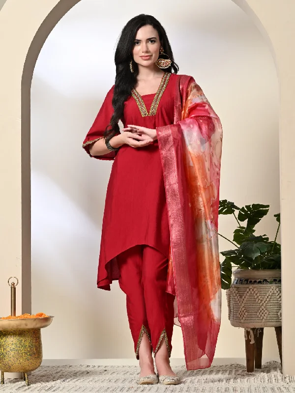 Women's Red Viscose Silk Solid Kurta & Dhoti Pants With Printed Dupatta Set - Myshka Trendy Wide-Legged Trousers Women's Red Viscose Silk Solid Kurta & Dhoti Pants With Printed Dupatta Set - Myshka Trendy Wide-Legged Trousers