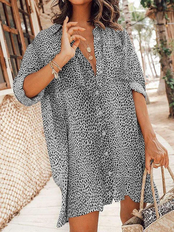 Women Vacation Long Sleeve Leopard Print Casual Mini Dress Stylish Puff Sleeve Mini Dress