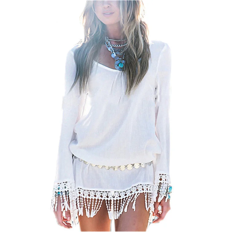 Summer Style Sexy Women Dress O Neck Lace Tassel Chiffon Mini Dresses Casual Loose Short Party Vestidos Bohemian Beach Robe Trendy Cut-Out Mini Dress Summer Style Sexy Women Dress O Neck Lace Tassel Chiffon Mini Dresses Casual Loose Short Party Vestidos Bohemian Beach Robe Trendy Cut-Out Mini Dress
