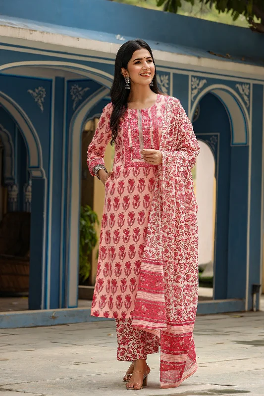 Women's Cotton Blend Printed Kurta Pant Dupatta Set - Ahika Cozy Fitted Pants