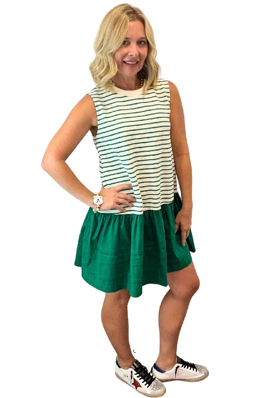 Striped Knit and Woven Mini Dress Trendy A-Line Mini Dress