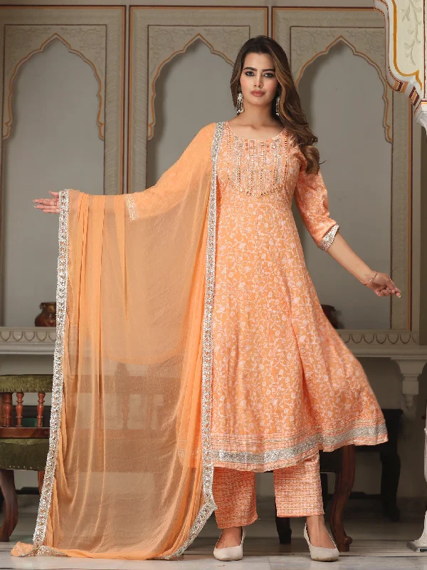 Women's Anarkali Rayon Printed Embroidered Kurta With Pant And Dupatta - Singni Chic Capri Pants Women's Anarkali Rayon Printed Embroidered Kurta With Pant And Dupatta - Singni Chic Capri Pants