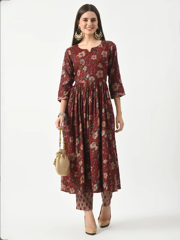 Maroon Foil Printed Nyracut Kurta With Pant Set - Rasiya Fashionable Work Pants