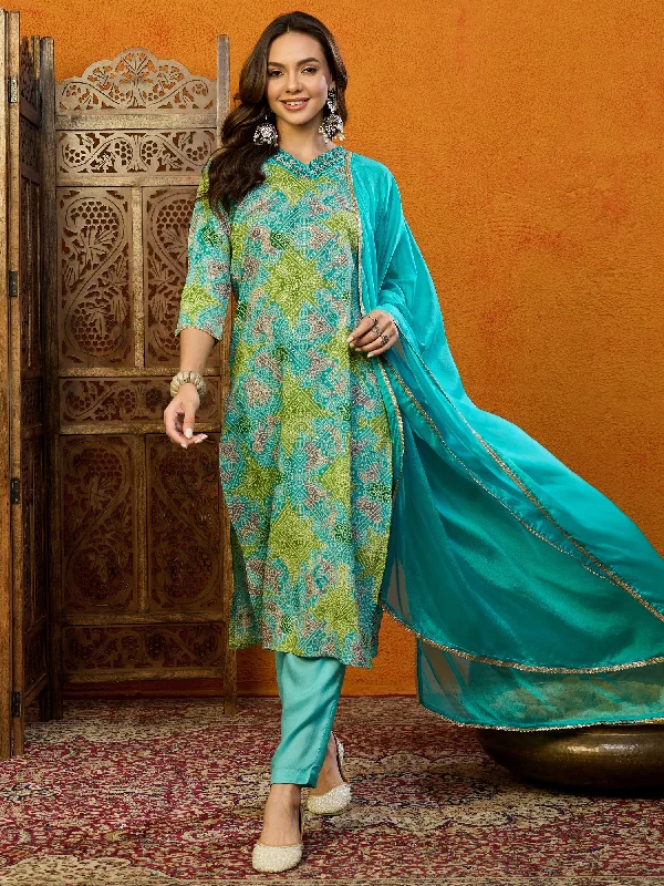 Women's Turquoise Blue Cotton Blend Printed Straight Kurta Pant Set With Dupatta - Ahika Elegant Palazzo Trousers Women's Turquoise Blue Cotton Blend Printed Straight Kurta Pant Set With Dupatta - Ahika Elegant Palazzo Trousers