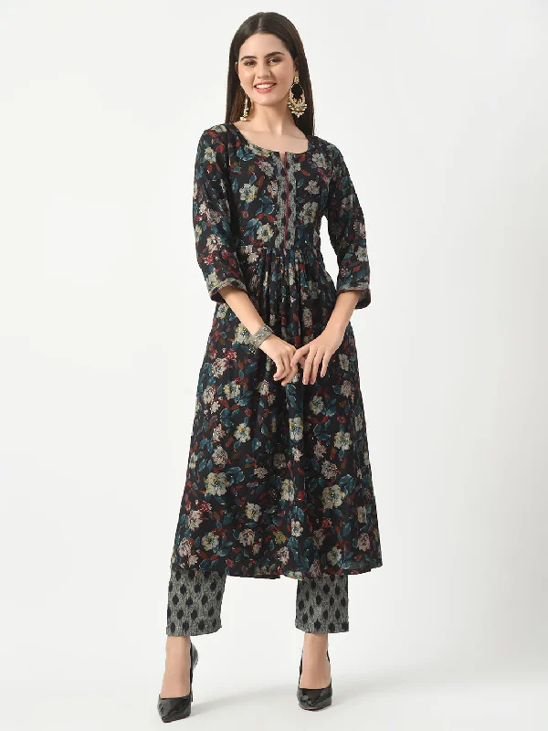 Blue Foil Printed Flared Kurta With Pant Set - Rasiya Slim-Fit Leggings