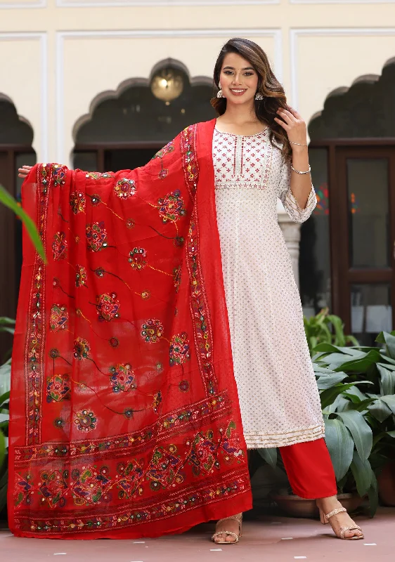 Women's Anarkali Rayon Printed Embroidered Kurta With Pants And Dupatta  - Singni High-Waist Jogger Pants